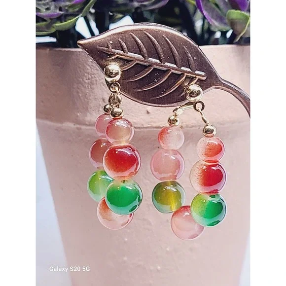 Red‎ and Green Agate Bead Gold Tone Hoop Post Earrings Bohemian Gemstone Jewelry