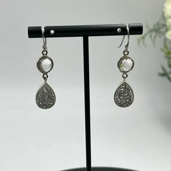 Vintage Sterling Silver 925 Titanium Druzy Clear‎ Rock Quartz Dangle Earrings