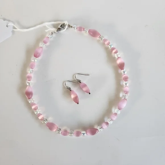 Hand Crafted Necklace and Pierced Pink Cat's Eye Iridescent Beads 15.5