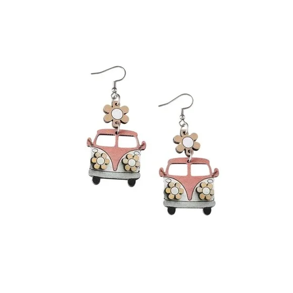 Pink‎ and Gray Flower Hippie Van Earrings