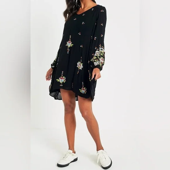Free People Black Long Sleeve Embroidered Mini Dress