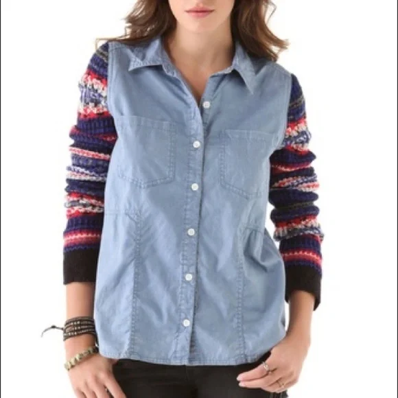 We The Free People women M denim button down sweater knit sleeves grungecore top