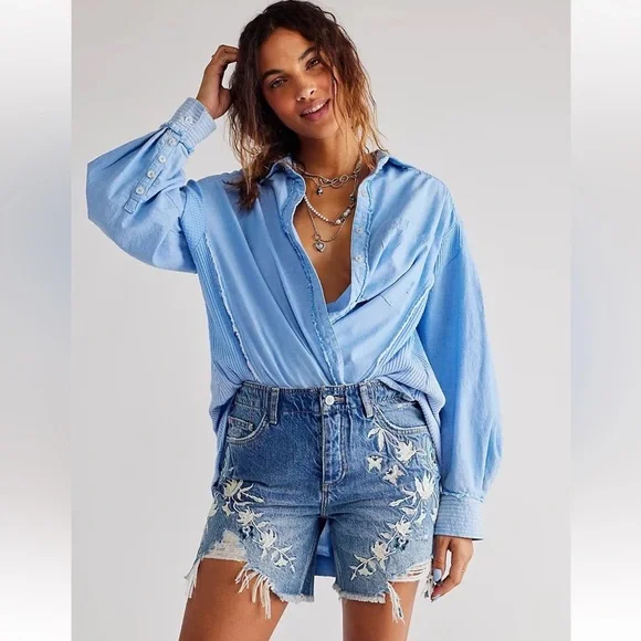 Free People You're My Butterfly Embroidered  Floral Cutoff Denim Shorts