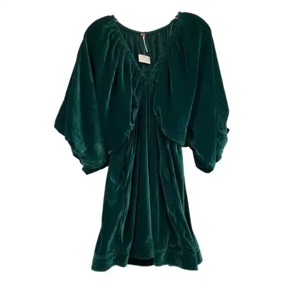 Free People Green Velvet Puff Sleeve Mini Dress | Women’s XS