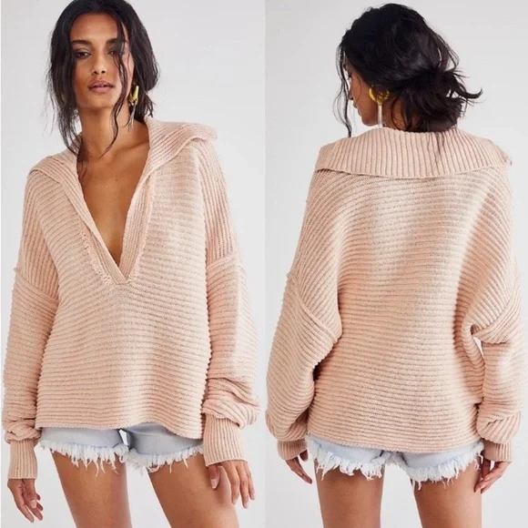 Women's Free People Marlie Pink Ribbed Knit Cotton‎ Blend Pullover Sweater Sz S
