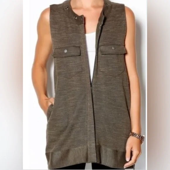 FREE PEOPLE LONG KNIT CARDIGAN VEST OLIVE SLEEVELESS SWEATER ZIP UP LAYERING