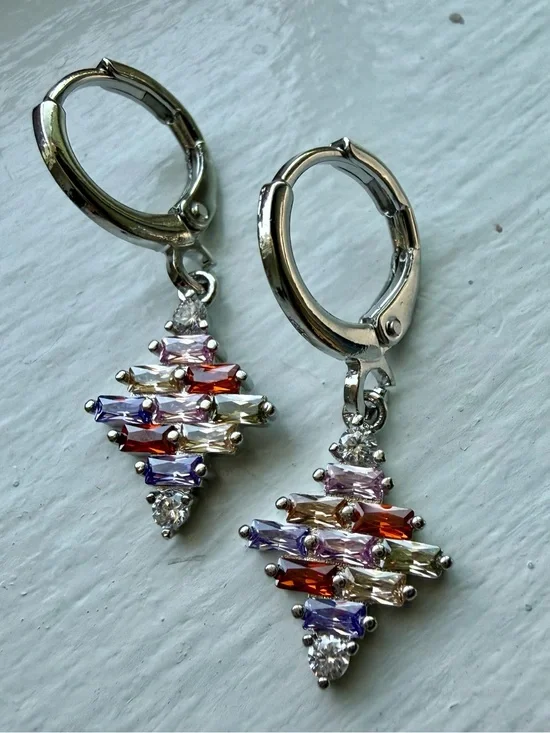 NEW! 14k White Gold Plated with Multicolored Crystal Drop Hoop Earrings
