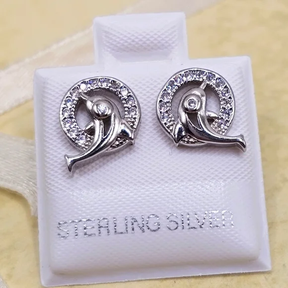 Sterling Silver 925 Rhodium Plated Dolphin CZ Stud Earrings