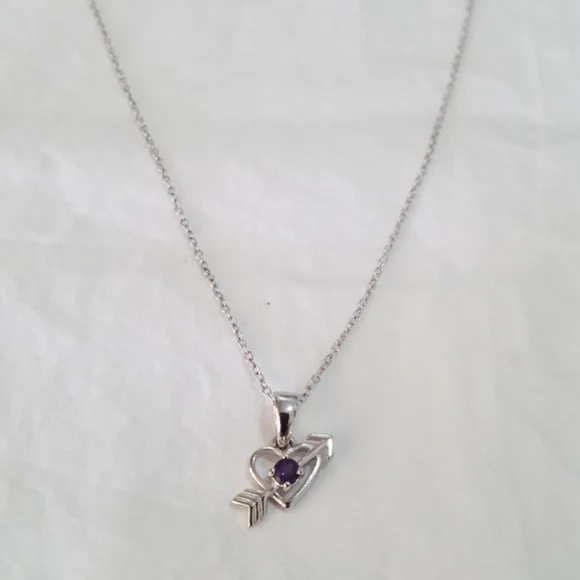 Girls Necklace small heart w arrow and purple stone