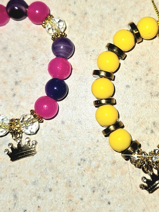 2 Kids Beaded Charm Stretch Bracelet Set - Yellow & Pink