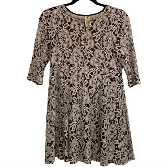 Free People Black Gray Floral Lace Sheer Three-quarter Sleeve Feminine Dress