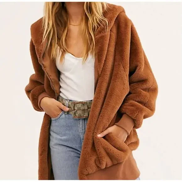 FREE PEOPLE Oversized Brown Faux Fur Hoodie Jacket Coat Size Medium