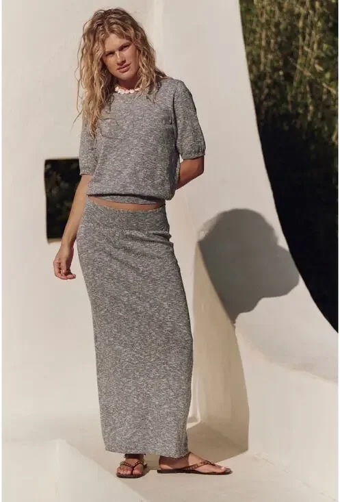 FREE PEOPLE NWT Grey Cotton Linen Combo Isabella Sweater Skirt Set Size Medium