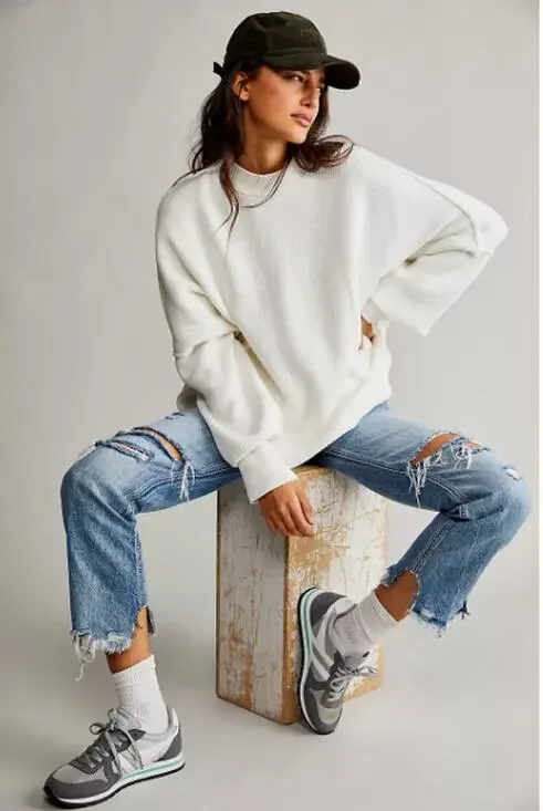 Free people white Ribbed Easy Street Sweater tunic
