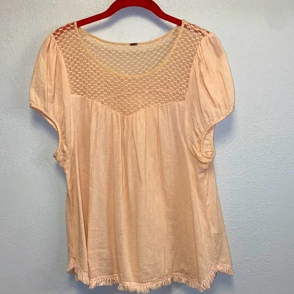 Free People Peach BoHo Fringed Hem Honeycomb Yoke Top 4367