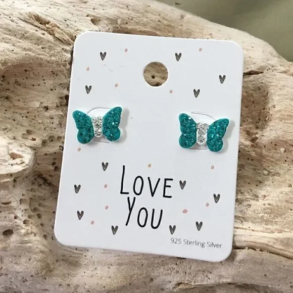 Girls Crystal Sterling Silver Butterfly Earrings