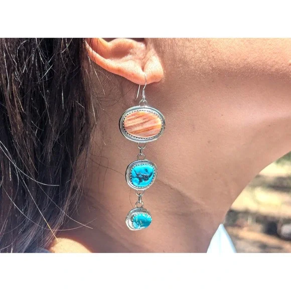 Navajo 3 Stones Drop Dangle Earrings Sterling Silver Handmade Turq‎ Jewelry **
