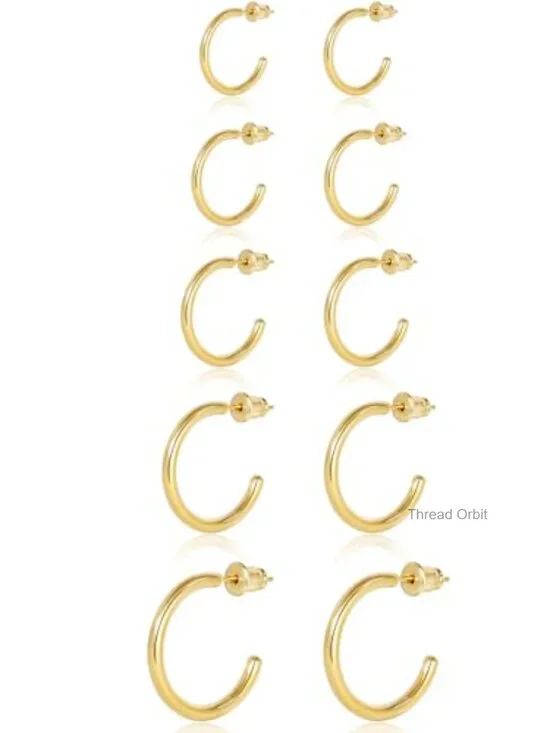 14K Gold Plated Open Huggie Hoop Earrings Set Hypoallergenic Stainless Steel