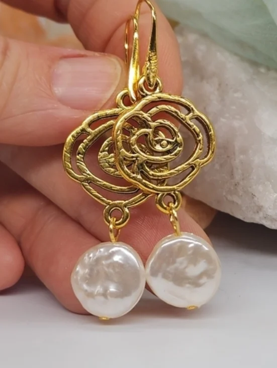 ❤️ Gold Lightweigh Earrings Large Resin Coin Baroque Pearls