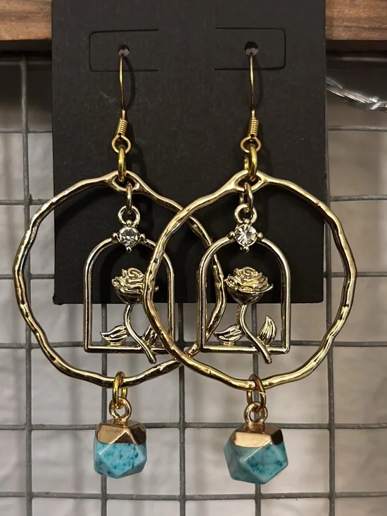 Gold tone Rose Cage Hoop Earrings with Howlite Bead Accent