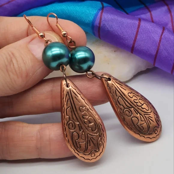 ❤️  Bohemian Jewelry Dangling Teardrops Copper Earrings Faux Pearls