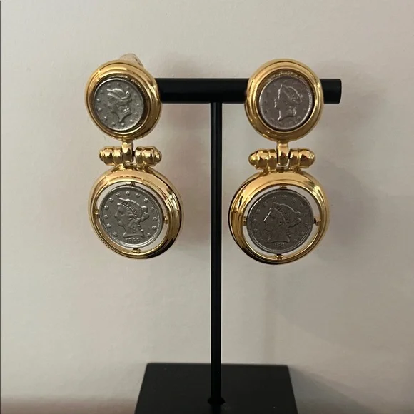 Vintage Gold-Tone Coin Drop Earrings in Substantial Gold and Silver