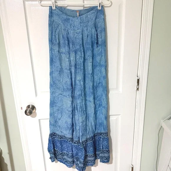 Free People Blue Damask Print Smocked Wide Leg Boho Pants OB1551211 Small