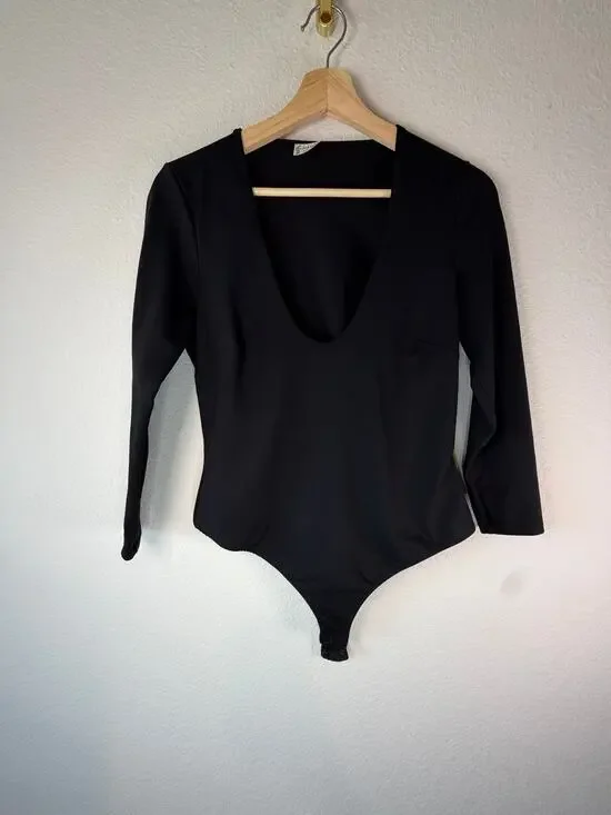 Intimately Free People Close Call Duo Plunging Long Sleeve Bodysuit Black Size M