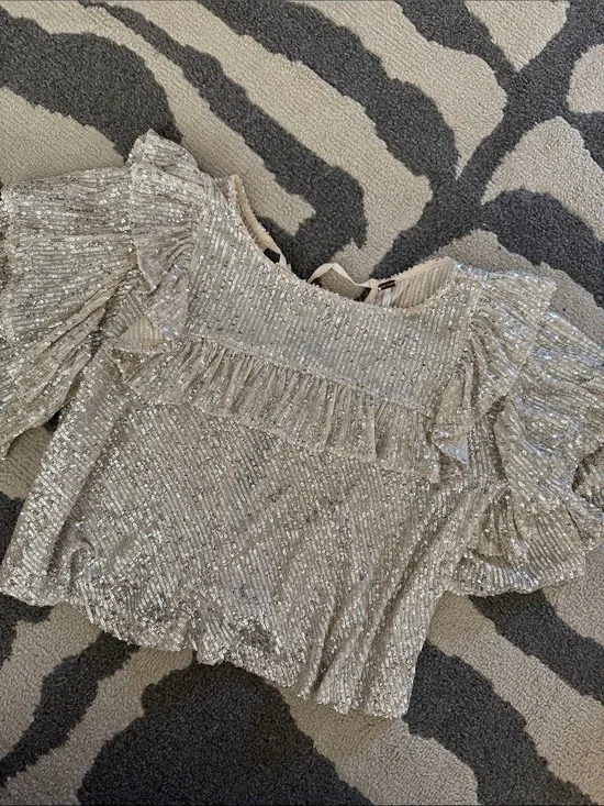 Free People Sequined Ruffle Blouse in Light Champagne