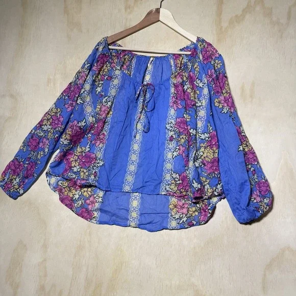 Free People Floral Peasant Boho Blouse Women's Medium Blue 3/4 Sleeve Top