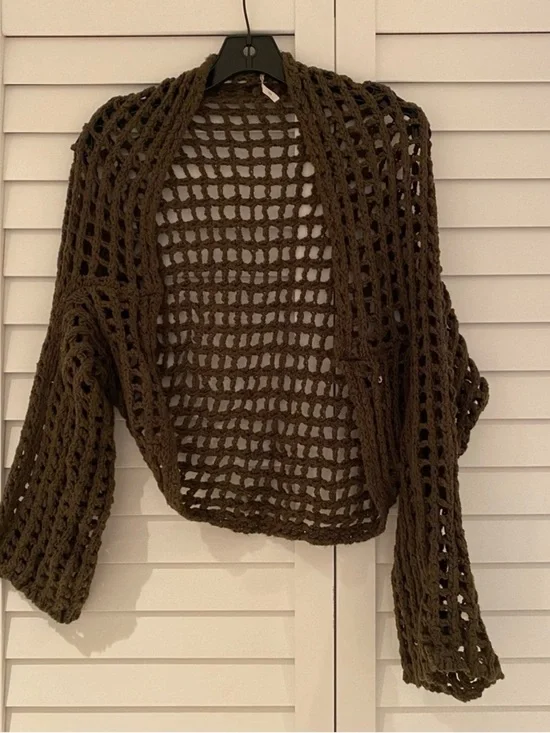 Free People Olive Brown Open Crochet Cardigan