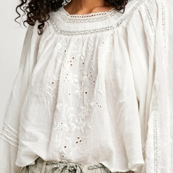 FREE PEOPLE White Cream Cotton Blouse Lace Eyelet Reversible XS