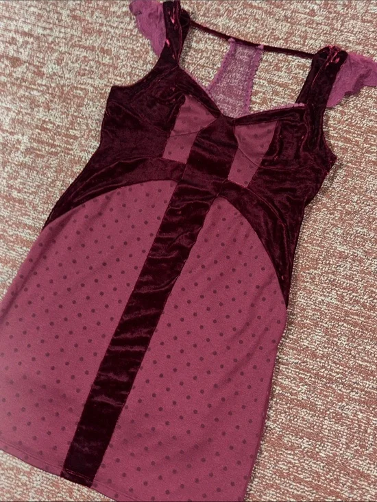 Free people dress maroon burgundy velvet faux bustier lace back party dress LG