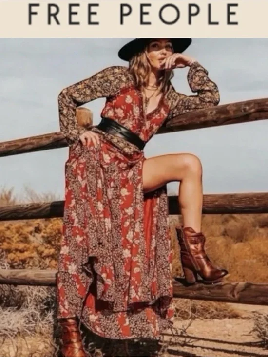NWT FREE PEOPLE TILDA FLORAL PATCHWORK MAXI DRESS BOHO WRAP BELL SLEEVES SIZE L