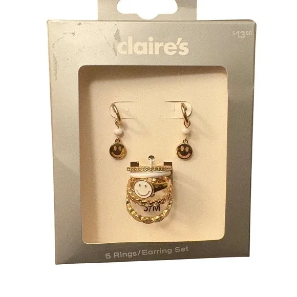 Claire's Y2K‎ Smile Face Rings and Earrings Set - Gold Tone - Size S/M