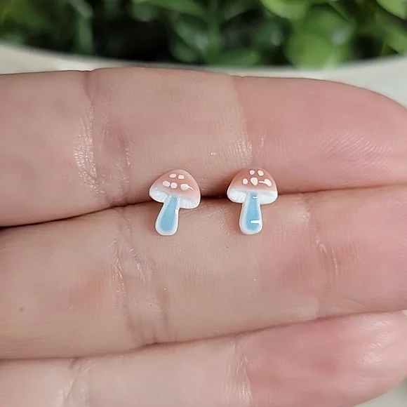 Tiny Ceramic Mushroom Stud Earrings, pink