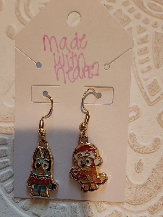 Handmade Disney Bluey & Bingo Christmas  Dangle Lightweight Gold Tones Earrings