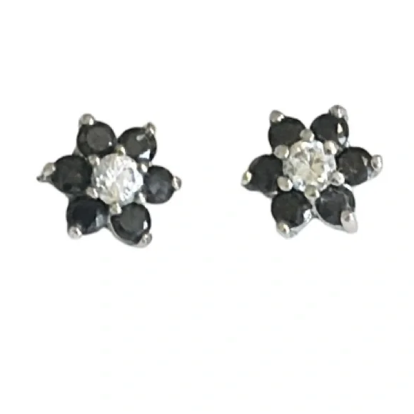 Vintage silver black floral faux diamond sparkle stud earrings