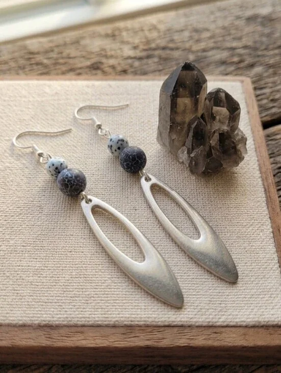 Handmade Silver Metal Geometric Clay Bead Earrings