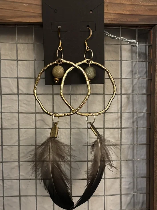 Gold Hoop Feather Drop Earrings