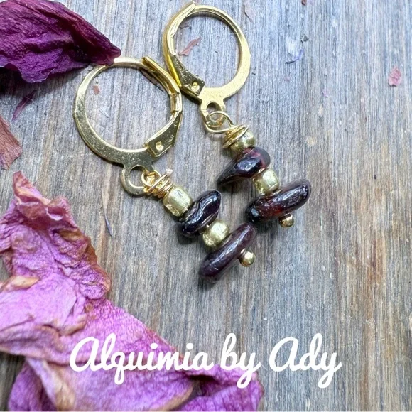 Dainty  Gold and wine garnet Earrings