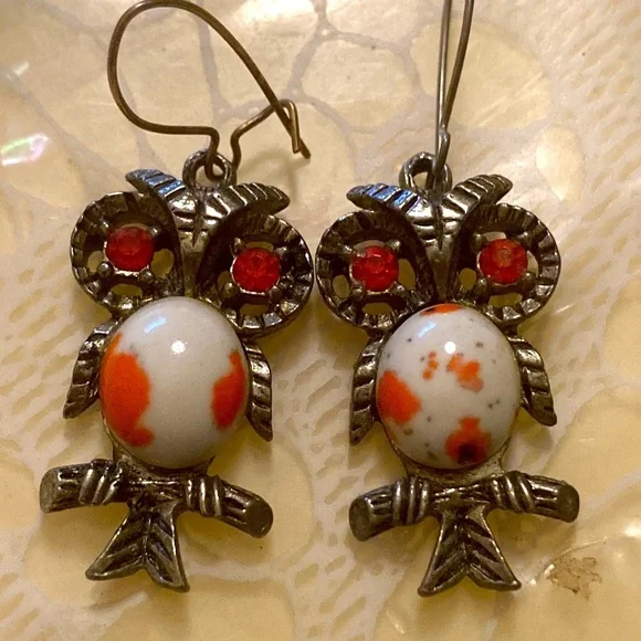 Vintage Owl Drop Earrings with White and Orange Stone Accents