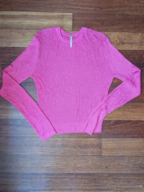 Free People Bright Pink Knit Crewneck Sweater