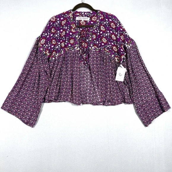 Free People Top Womens XS Malia Babydoll Jacket Embellished Floral Tie Front NWT