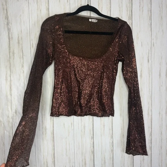 Free People Brown Sequin Long Sleeve Blouse