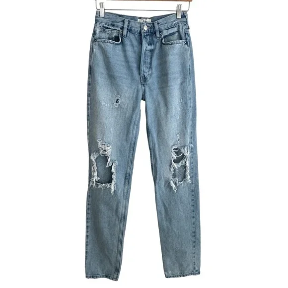 Free People High Rise Straight‎ Jeans 25 Light Wash Distressed Ripped Button Fly
