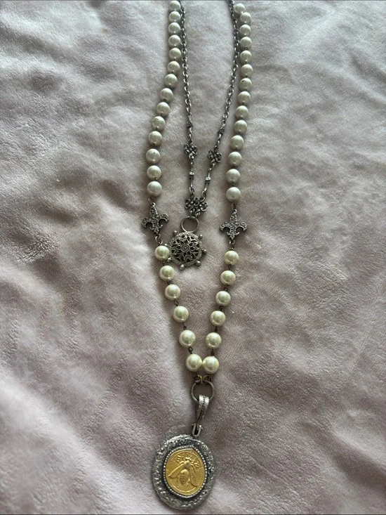 Free People White Pearl Layered Necklace with Gold & Silver Medallion