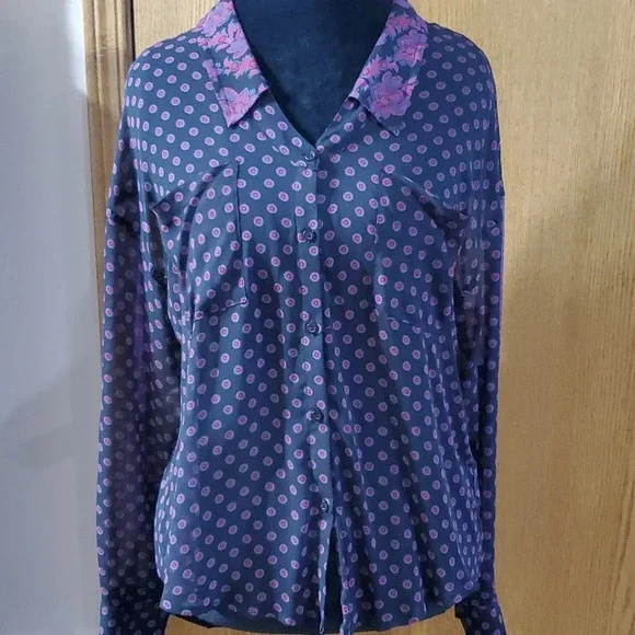 Free people navy purple medallion pattern sheer top
