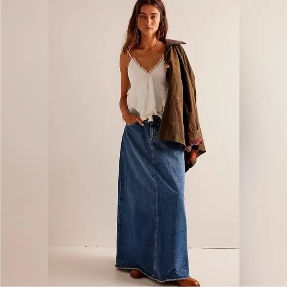 We The Free Come As You Are Denim Maxi Skirt Dark Indigo Wash