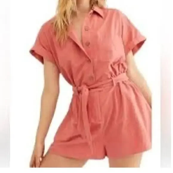 Free People Romper Coral Size XS Button Down Short Sleeve Belted Sinched Waist